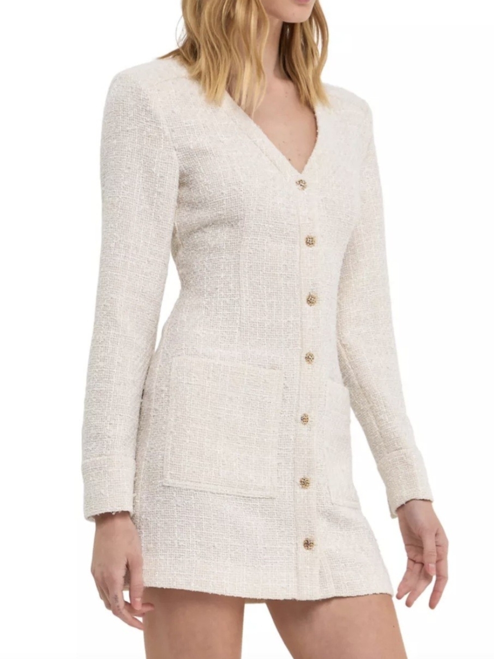 Endless Rose Cream Tweed Long-Sleeve Button Mini Dress